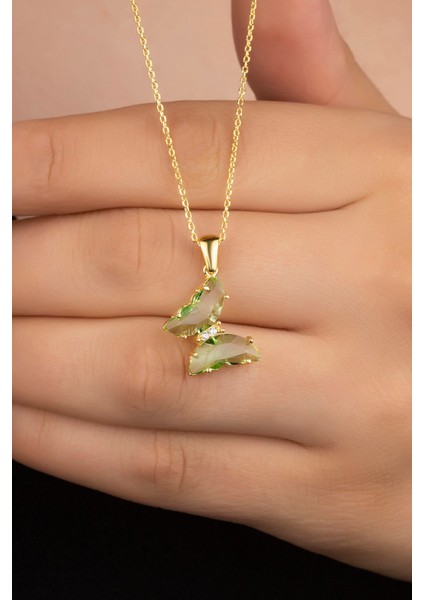 925 Ayar Gümüş Yeşil Cam Kelebek Kolye fiyatları