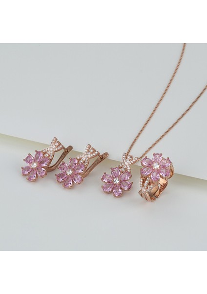 925 Ayar Gümüş Lotus Çiçeği Kolye-Küpe Takı Seti