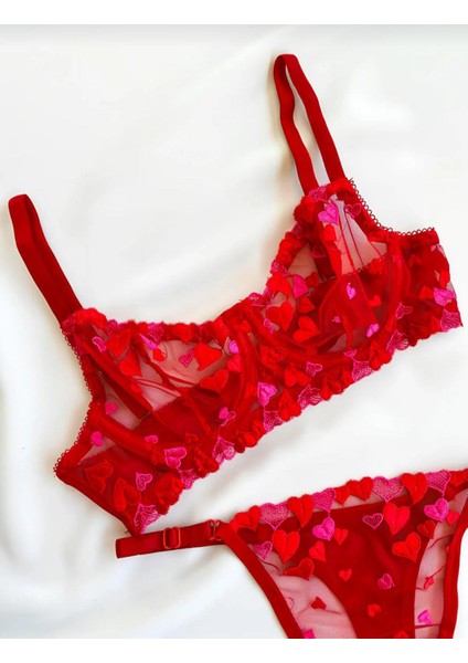La Vıor Balenli Sütyen Takımı Kırmızı Kalpli Dantelli Iç Çamaşırı Takımı