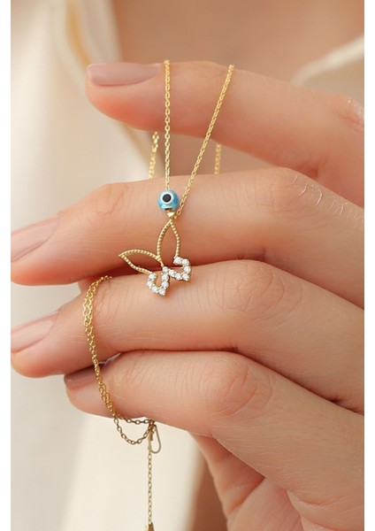 925 Ayar Nazarlı Kelebek Gold Gümüş Kolye modelleri