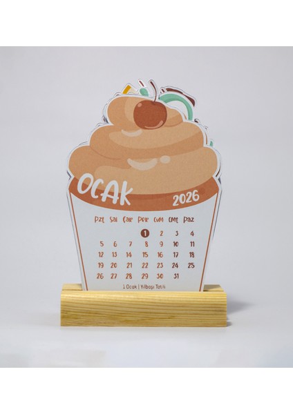 2026 Yılı Masaüstü Takvim, Cupcake Takvim, Ahşap Standlı Yeni Yıl Takvimi, 9X12 cm modelleri