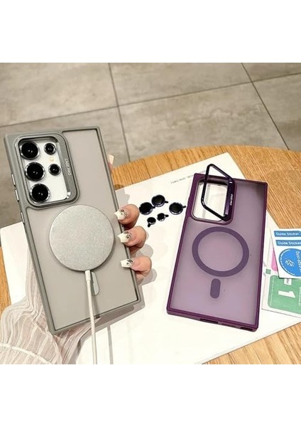 Galaxy S24 Ultra ile Uyumlu Kamera Lens Aparatlı Stand Olabilen ile Uyumlu Kamera Korumalı Şeffaf Full Magnetic Telefon Kılıfı (Derin Mor, Galaxy S24 Ultra) modelleri