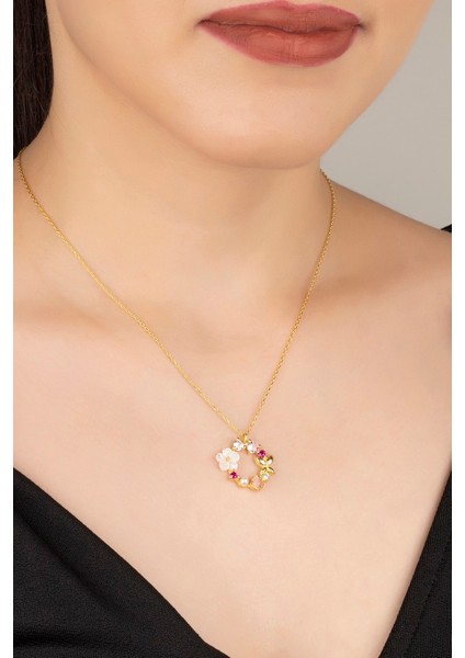 925 Ayar Gümüş Gold Sedefli Güllü Kolye