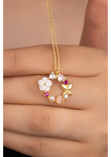 925 Ayar Gümüş Gold Sedefli Güllü Kolye fiyatları