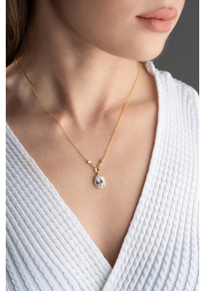 925 Ayar Gümüş Gold Damla Taş Kelebekli Kolye