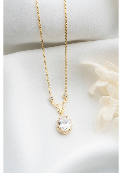 925 Ayar Gümüş Gold Damla Taş Kelebekli Kolye modelleri