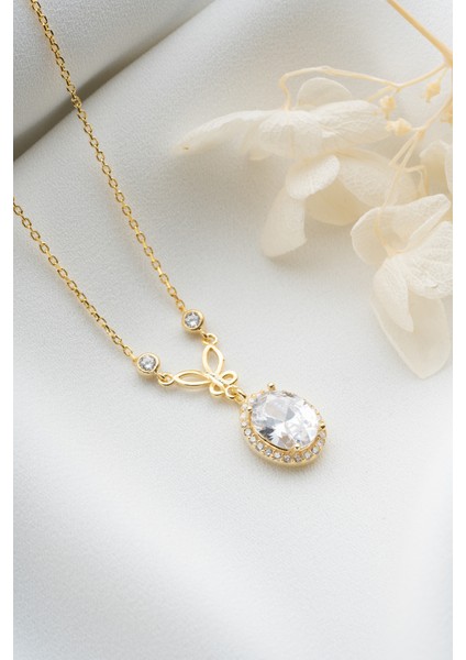 925 Ayar Gümüş Gold Damla Taş Kelebekli Kolye fırsatları