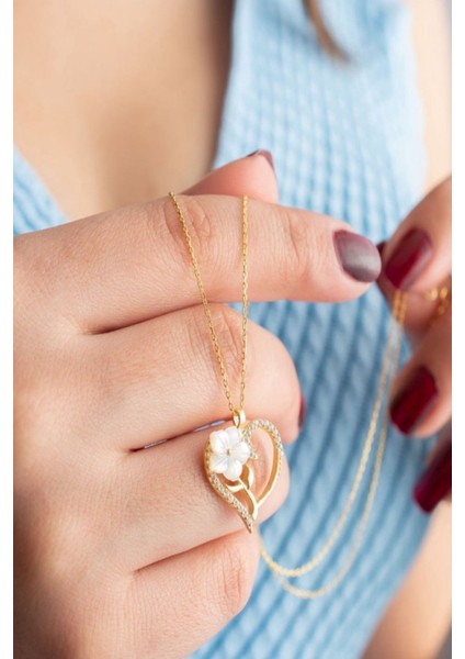 925 Ayar Gold Zirkon Taşlı Sedefli Kalp Gümüş Kolye