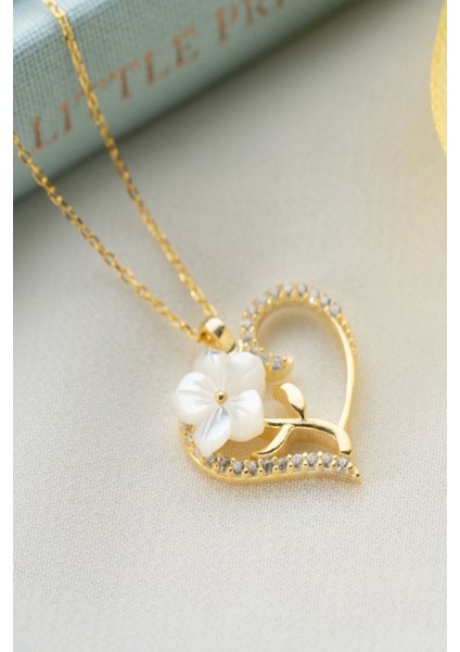 925 Ayar Gold Zirkon Taşlı Sedefli Kalp Gümüş Kolye fiyatları