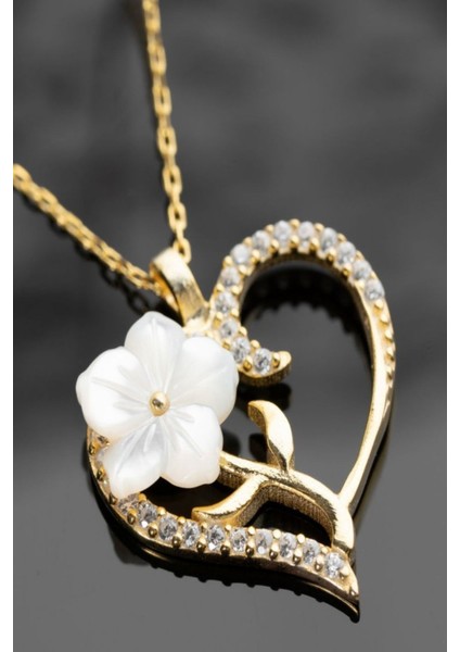 925 Ayar Gold Zirkon Taşlı Sedefli Kalp Gümüş Kolye modelleri
