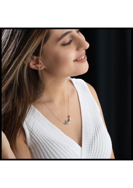 925 Ayar Rose Renkli Kelebek Gümüş Kolye