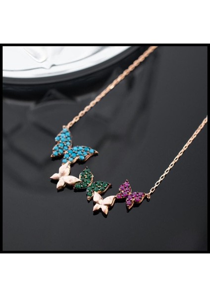 925 Ayar Rose Renkli Kelebek Gümüş Kolye modelleri