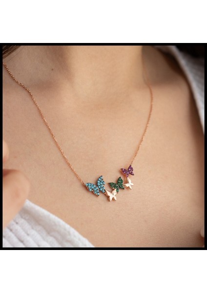 925 Ayar Rose Renkli Kelebek Gümüş Kolye fırsatları