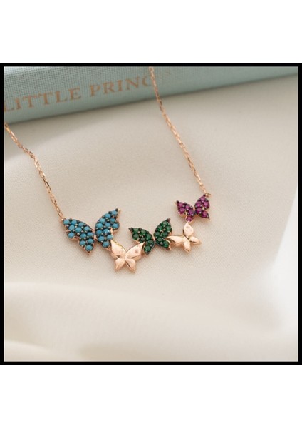 925 Ayar Rose Renkli Kelebek Gümüş Kolye
