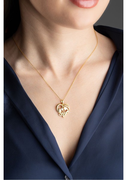 925 Ayar Gümüş Gold Kalp Anne Bebek Kolye