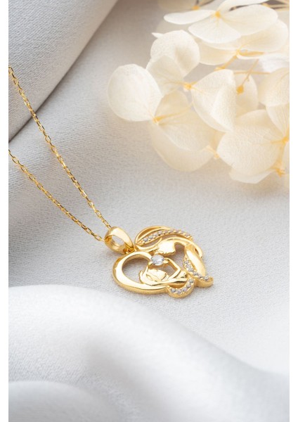 925 Ayar Gümüş Gold Kalp Anne Bebek Kolye fırsatları