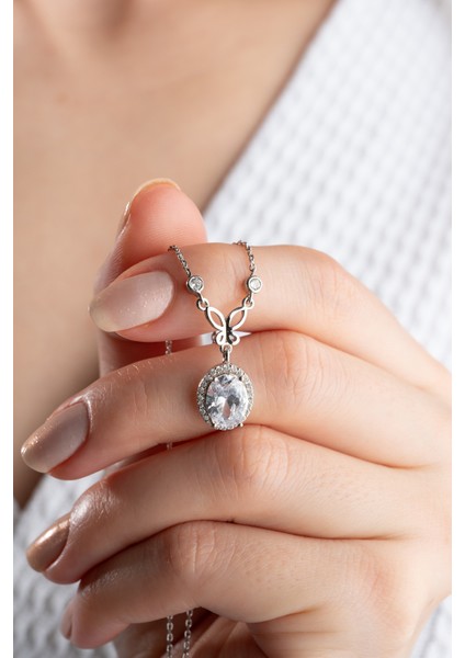 925 Ayar Gümüş Damla Taş Kelebekli Kolye fiyatları