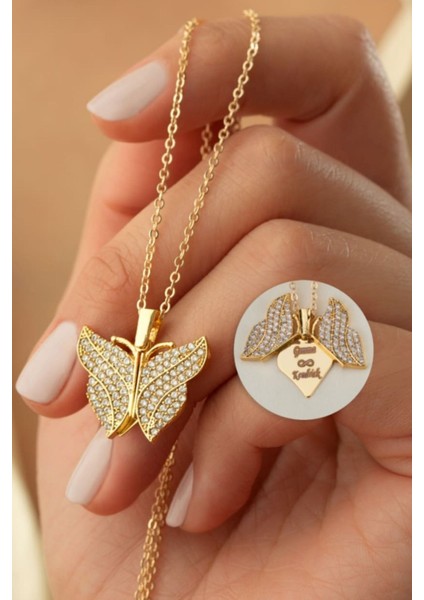 925 Ayar Gümüş Gold Kişiye Özel Açılan Kelebek Kolye