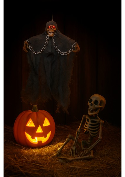 Halloween Cadılar Bayramı Iskelet Korkuluk Işıklı Sesli 30 cm Yeşil. Korku Aksesuarı fiyatları