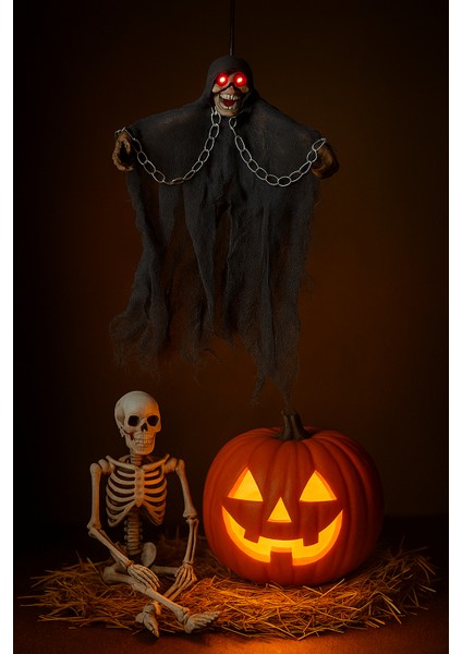 Halloween Cadılar Bayramı Iskelet Korkuluk Işıklı Sesli 30 cm Yeşil. Korku Aksesuarı