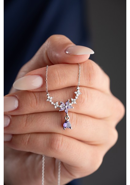 925 Ayar Gümüş Damla Mor Taşlı Çiçek Kolye fiyatları