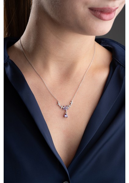 925 Ayar Gümüş Damla Mor Taşlı Çiçek Kolye modelleri