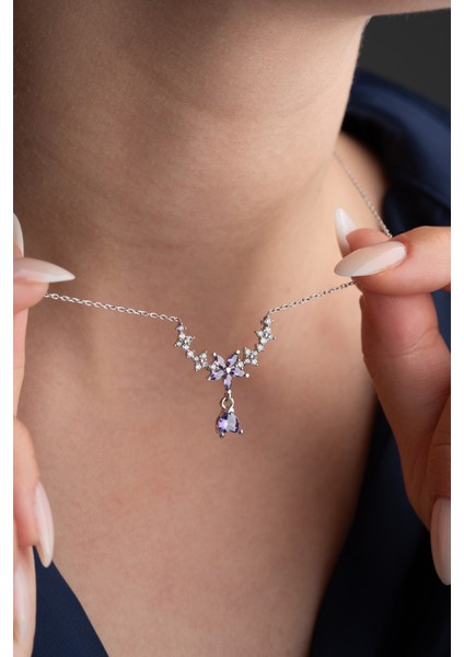 925 Ayar Gümüş Damla Mor Taşlı Çiçek Kolye indirimleri