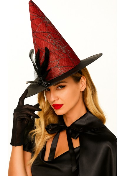 Hallowen Cadı Şapkası Çiçekli Tüylü Model Kırmızı Renkli Cadılar Bayramı Şapkası fiyatları
