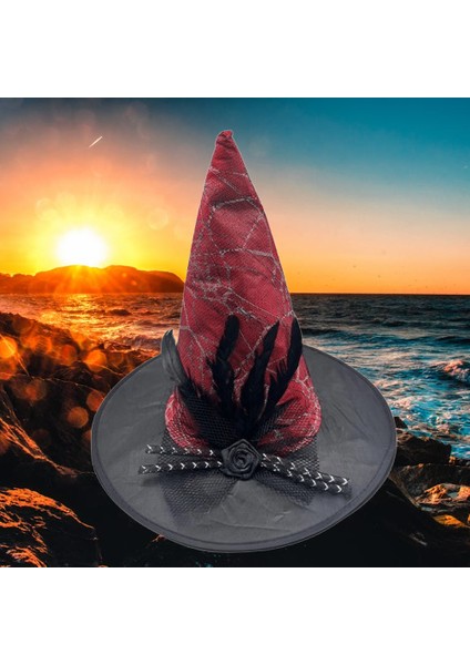 Hallowen Cadı Şapkası Çiçekli Tüylü Model Kırmızı Renkli Cadılar Bayramı Şapkası modelleri