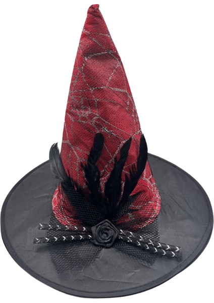 Hallowen Cadı Şapkası Çiçekli Tüylü Model Kırmızı Renkli Cadılar Bayramı Şapkası fırsatları