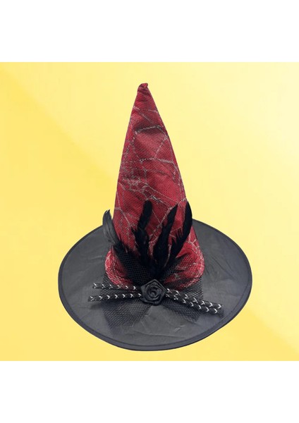 Hallowen Cadı Şapkası Çiçekli Tüylü Model Kırmızı Renkli Cadılar Bayramı Şapkası indirimleri
