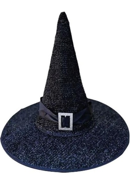 Hallowen Cadı Şapkası Tokalı Kemerli Simli Siyah