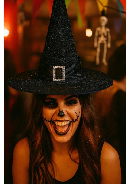 Hallowen Cadı Şapkası Tokalı Kemerli Simli Siyah fiyatları