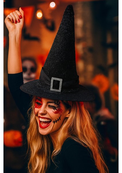 Hallowen Cadı Şapkası Tokalı Kemerli Simli Siyah modelleri