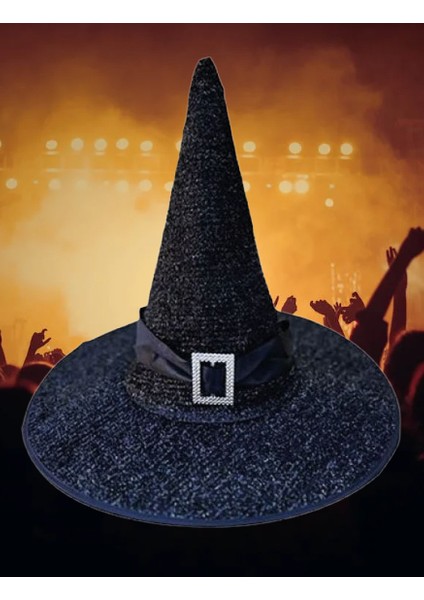 Hallowen Cadı Şapkası Tokalı Kemerli Simli Siyah