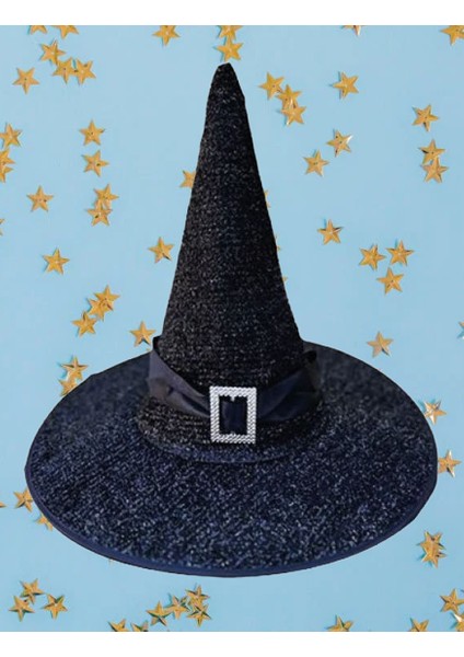 Hallowen Cadı Şapkası Tokalı Kemerli Simli Siyah
