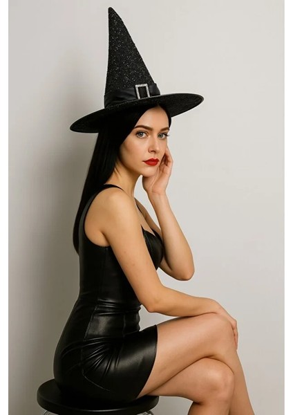 Hallowen Cadı Şapkası Tokalı Kemerli Simli Siyah