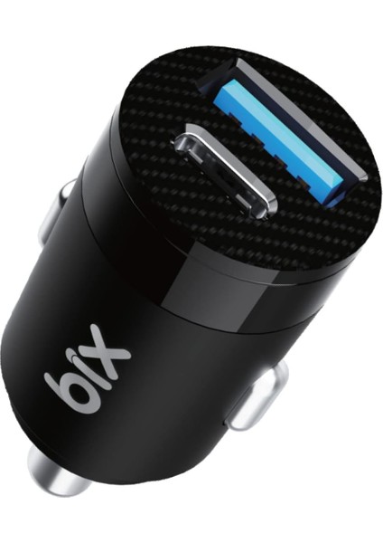 Bix BXAC65C 65W Pd Type-C & 18W Usb-A Girişli Çift Portlu Hızlı Şarj Özellikli Araç Içi Şarj Cihazı Siyah
