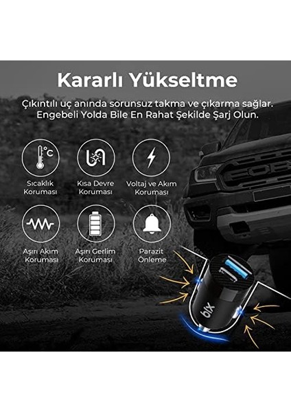 Bix BXAC65C 65W Pd Type-C & 18W Usb-A Girişli Çift Portlu Hızlı Şarj Özellikli Araç Içi Şarj Cihazı Siyah modelleri