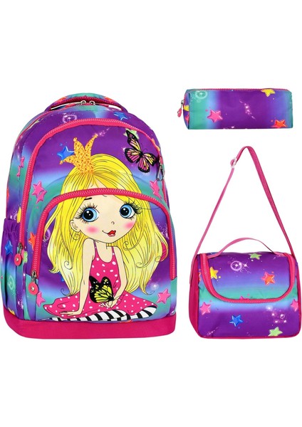 Ilkokul Anaokul Sırt Çantası Kız Çocuk Beslenme Çantalı Termos Özellikli Kalemlikli Ortopedik 3 Lü Set Kraliçe Su Geçirmez Okul Çantası Baskı Pembe Mor