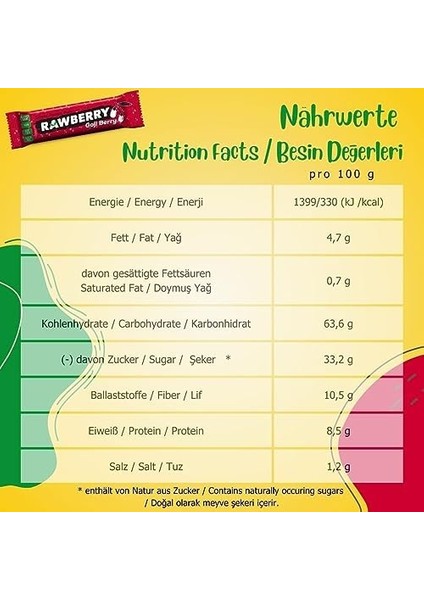 Rawberry Goji Berry Şeker Ilavesiz Vegan Glütensiz Kuruyemiş Bar (Kutuda 15 Adet)