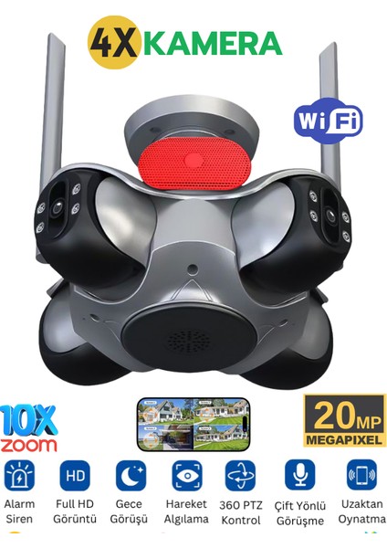 IO781 WİFİ Güvenlik Kamerası 4 Kameralı 20MP ULTRA HD PTZ Hareketli Sesli Gece Görüşlü Akıllı Kamera