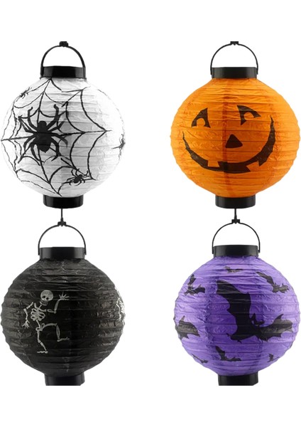 Halloween Cadılar Bayramı Japon Feneri Pilli 20 cm Siyah Renkli Iskelet Desenli Korku Aksesuarı