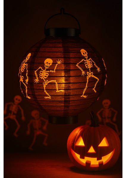 Halloween Cadılar Bayramı Japon Feneri Pilli 20 cm Siyah Renkli Iskelet Desenli Korku Aksesuarı