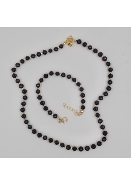 Siyah Tatlı Su Incisi Kolye Bileklik Set