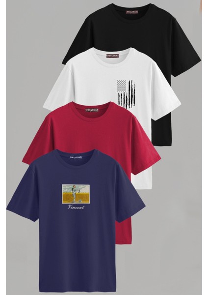 Erkek Desenli-Düz Karışık Slim Fit Bisiklet Yaka Pamuk Elastan 4'lü Basic Tişört