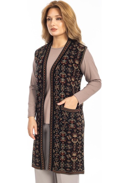 Klasik Kadın Etnik Model Triko Örgü Uzun Anne Yelek 1070