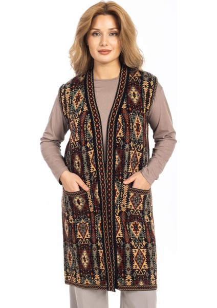 Kadın Klasik Etnik Desen Triko Örgü Kilim Anne Yelek 1052 Uzun