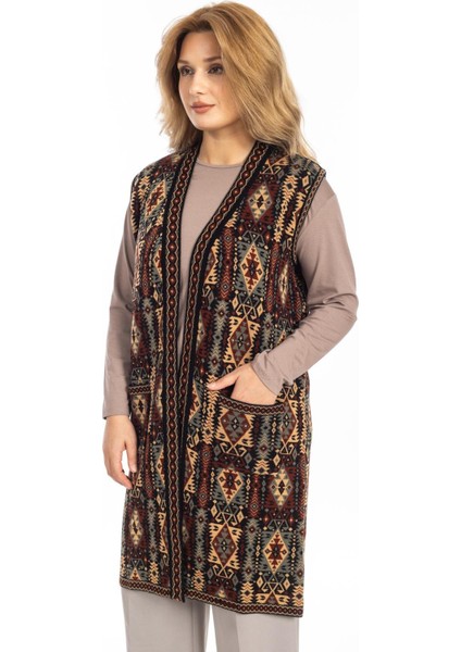 Kadın Klasik Etnik Desen Triko Örgü Kilim Anne Yelek 1052 Uzun fırsatları