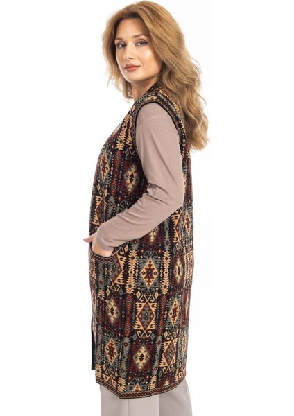 Kadın Klasik Etnik Desen Triko Örgü Kilim Anne Yelek 1052 Uzun